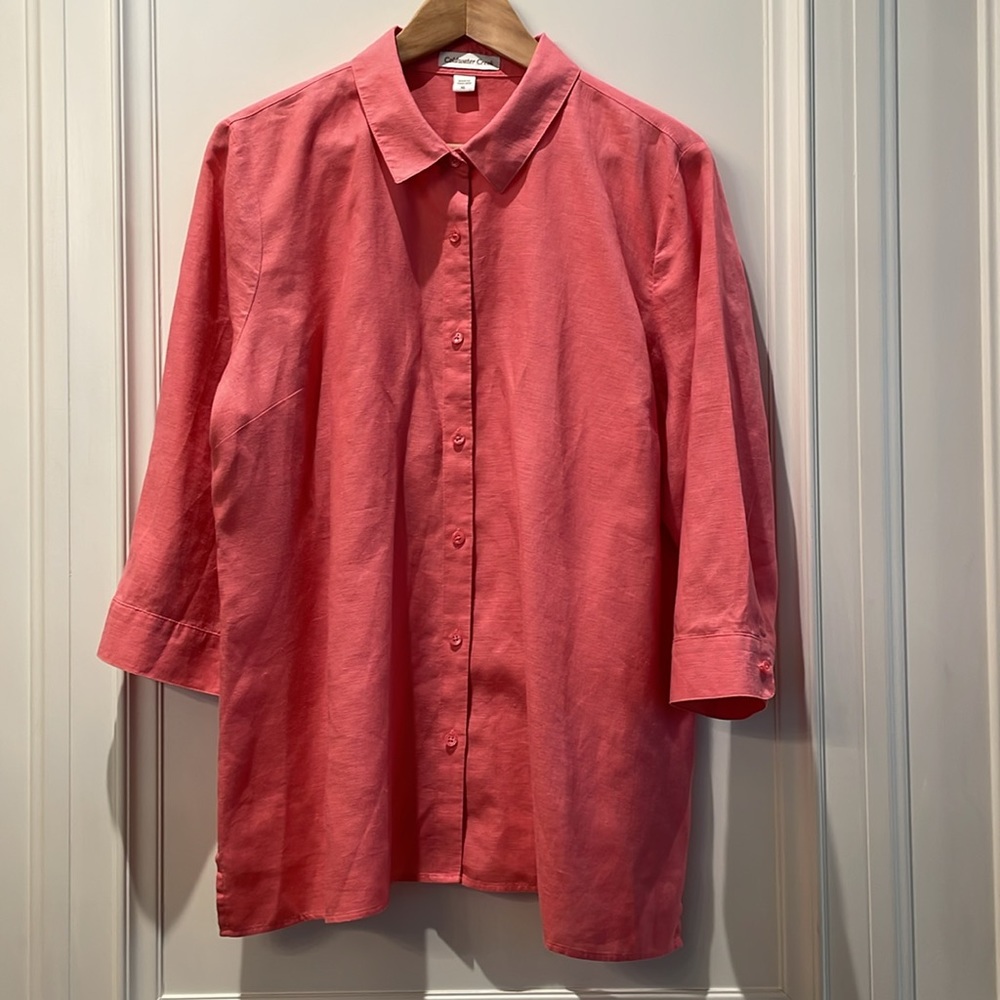 Coldwater Creek | 100% Linen Coral Salmon Pink 3/4 Sleeve Button Down Sh…
